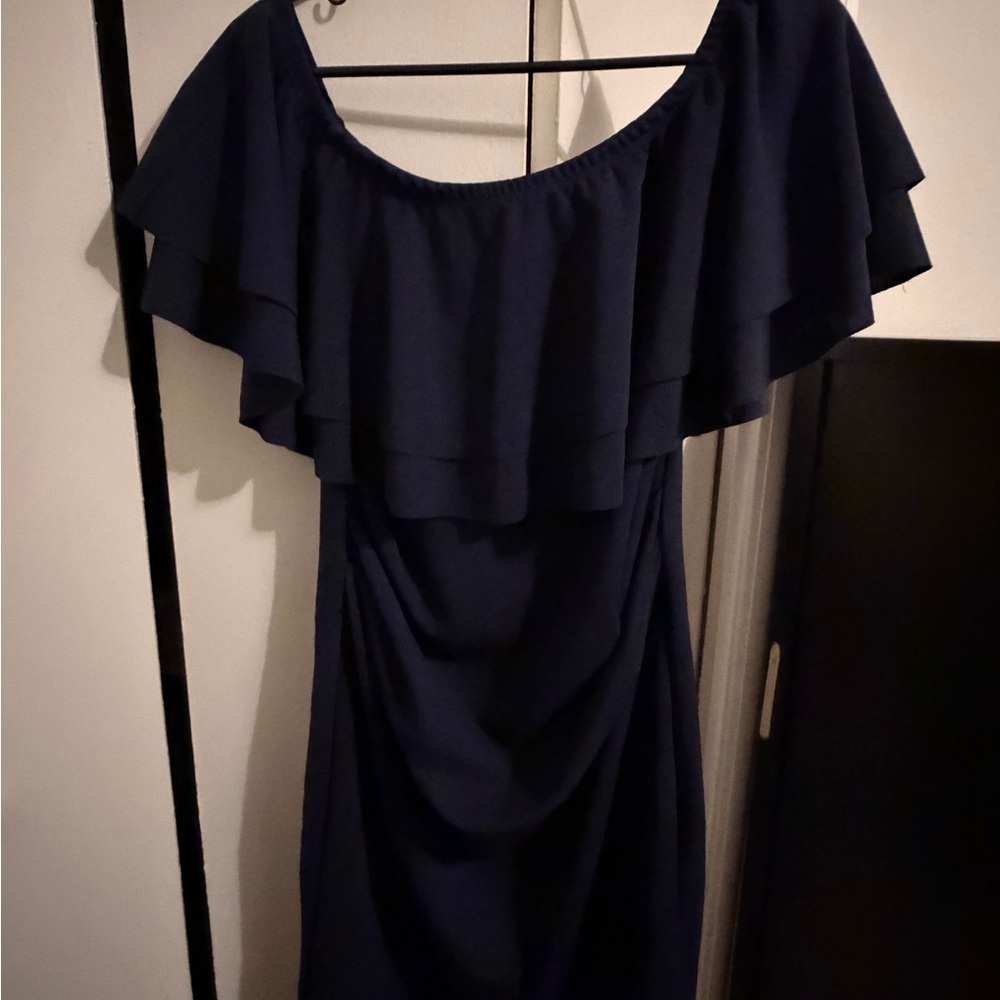 Navy Ruffle Off Shoulder Ruched Maternity Dress - Picture 2 of 7